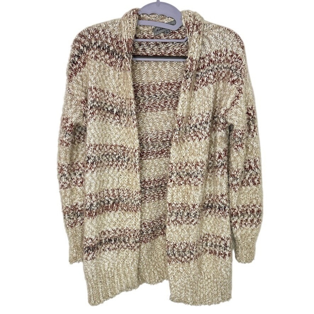 Absolutely Famous Womens Small Striped Popcorn Knit Open Front Cardigan Beige
